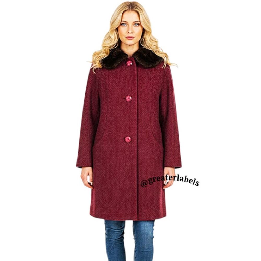 Vintage '60s Mink Collar Boucle Wool Coat Cherry Red Burgundy Size M Beautiful